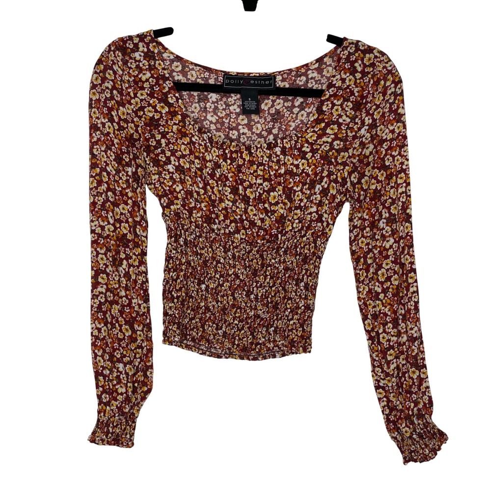 Polly‎ & Esther Floral Smocked Top Womens Small Burgundy Long Sleeve Boho Blouse
